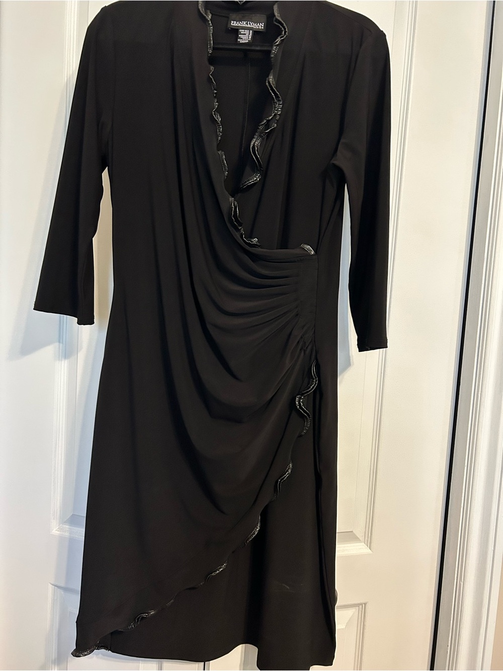 Frank Lyman Design Black Draped Ruffle-Trim Midi Dress